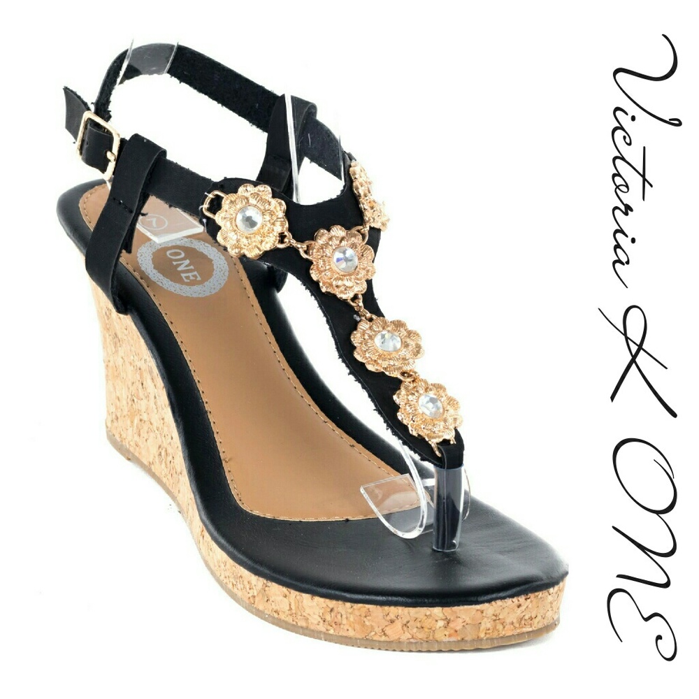 Women Wedge Thong Sandals, HS-2085, Black